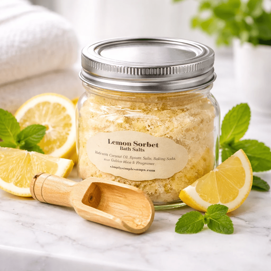 Bath salts Lemon Sorbet from Simply Simple Soaps in a clear glass jar with metal lid; pale yellow crystals.