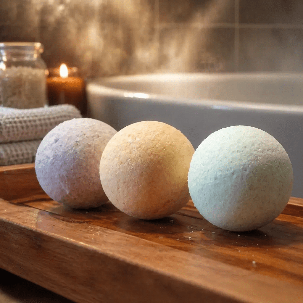 Bath bombs trio in lavender, peach, and mint on a wooden tray