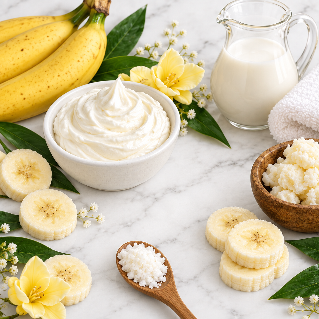 Simply Lip Balm by Simply Simple Soaps; white creamy balm shown with bananas and flowers for nourishing lip care