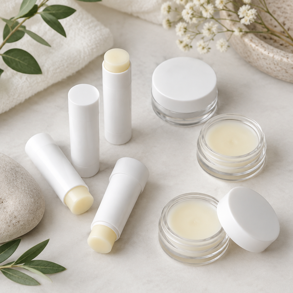 Simply Lip Balm sticks and jars in white packaging with pale yellow balm